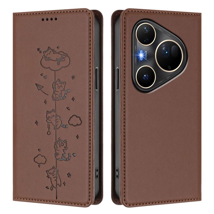 For Huawei Pura 80 Ultra Cute Cats Embossed Magnetic RFID Vegan Leather Phone Case