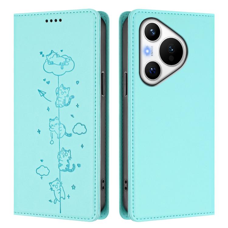 For Huawei Pura 70 Cute Cats Embossed Magnetic RFID Vegan Leather Phone Case