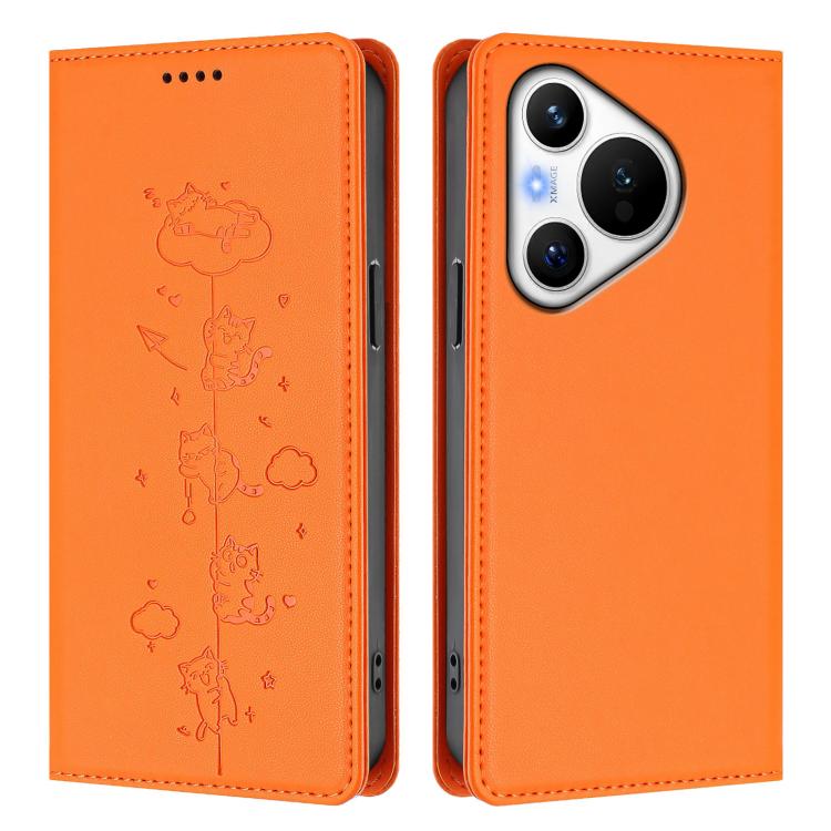 For Huawei Pura 70 Cute Cats Embossed Magnetic RFID Vegan Leather Phone Case