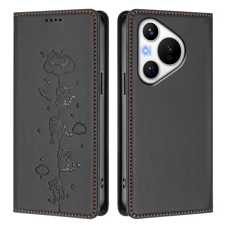 For Huawei Pura 70 Cute Cats Embossed Magnetic RFID Vegan Leather Phone Case
