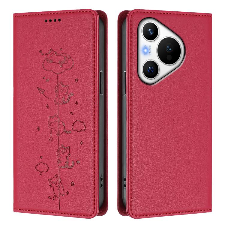 For Huawei Pura 70 Cute Cats Embossed Magnetic RFID Vegan Leather Phone Case