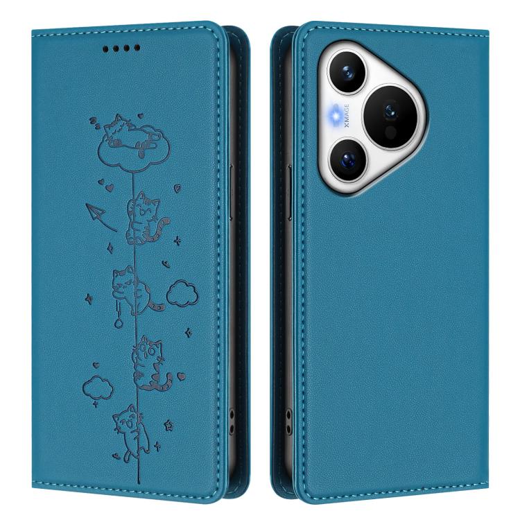For Huawei Pura 70 Cute Cats Embossed Magnetic RFID Vegan Leather Phone Case