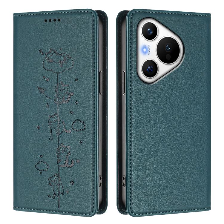 For Huawei Pura 70 Cute Cats Embossed Magnetic RFID Vegan Leather Phone Case