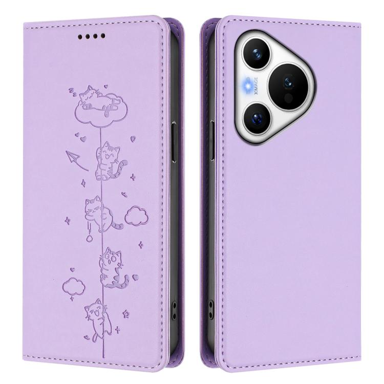 For Huawei Pura 70 Cute Cats Embossed Magnetic RFID Vegan Leather Phone Case