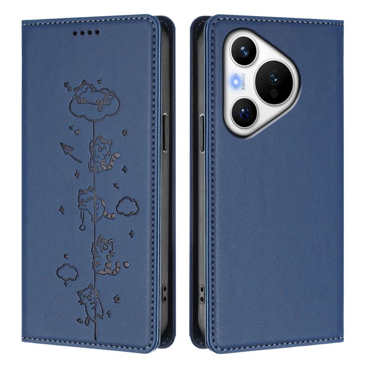 For Huawei Pura 70 Cute Cats Embossed Magnetic RFID Vegan Leather Phone Case
