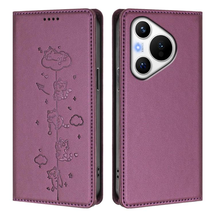 For Huawei Pura 70 Cute Cats Embossed Magnetic RFID Vegan Leather Phone Case