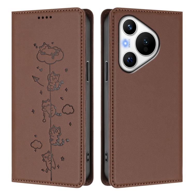 For Huawei Pura 70 Cute Cats Embossed Magnetic RFID Vegan Leather Phone Case