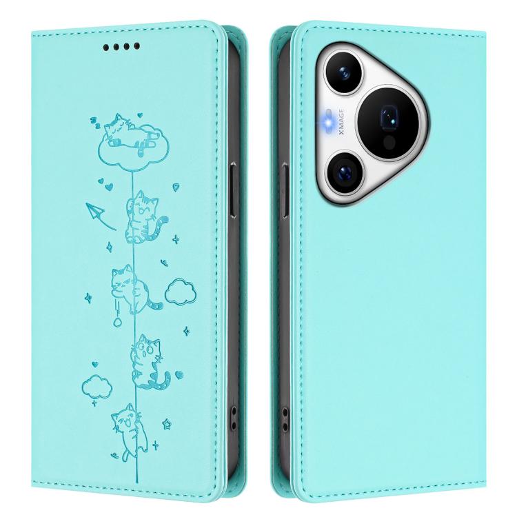 For Huawei Pura 70 Pro / 70 Pro+ Cute Cats Embossed Magnetic RFID Vegan Leather Phone Case