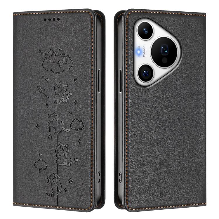 For Huawei Pura 70 Pro / 70 Pro+ Cute Cats Embossed Magnetic RFID Vegan Leather Phone Case