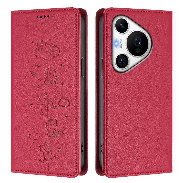 For Huawei Pura 70 Pro / 70 Pro+ Cute Cats Embossed Magnetic RFID Vegan Leather Phone Case