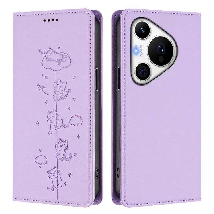 For Huawei Pura 70 Pro / 70 Pro+ Cute Cats Embossed Magnetic RFID Vegan Leather Phone Case