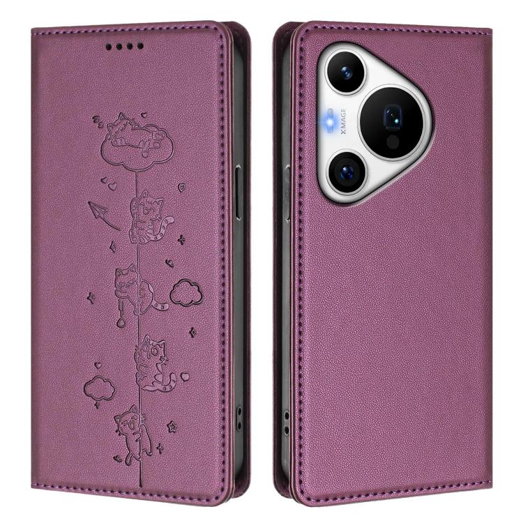 For Huawei Pura 70 Pro / 70 Pro+ Cute Cats Embossed Magnetic RFID Vegan Leather Phone Case