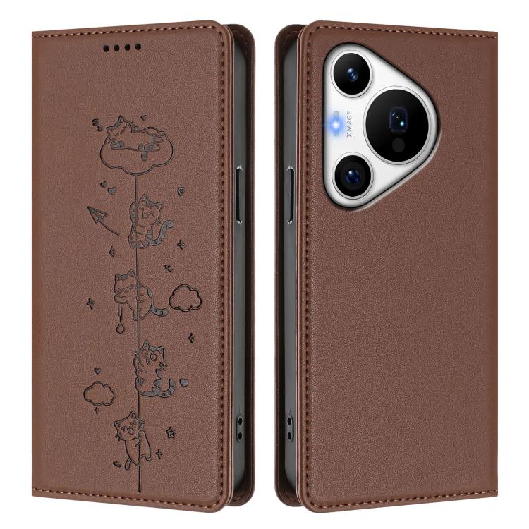 For Huawei Pura 70 Pro / 70 Pro+ Cute Cats Embossed Magnetic RFID Vegan Leather Phone Case