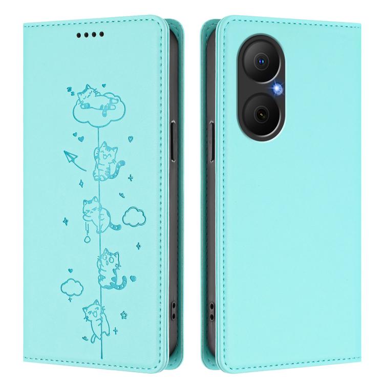 For Huawei Nova Y73 / Enjoy 80 4G Cute Cats Embossed Magnetic RFID Vegan Leather Phone Case