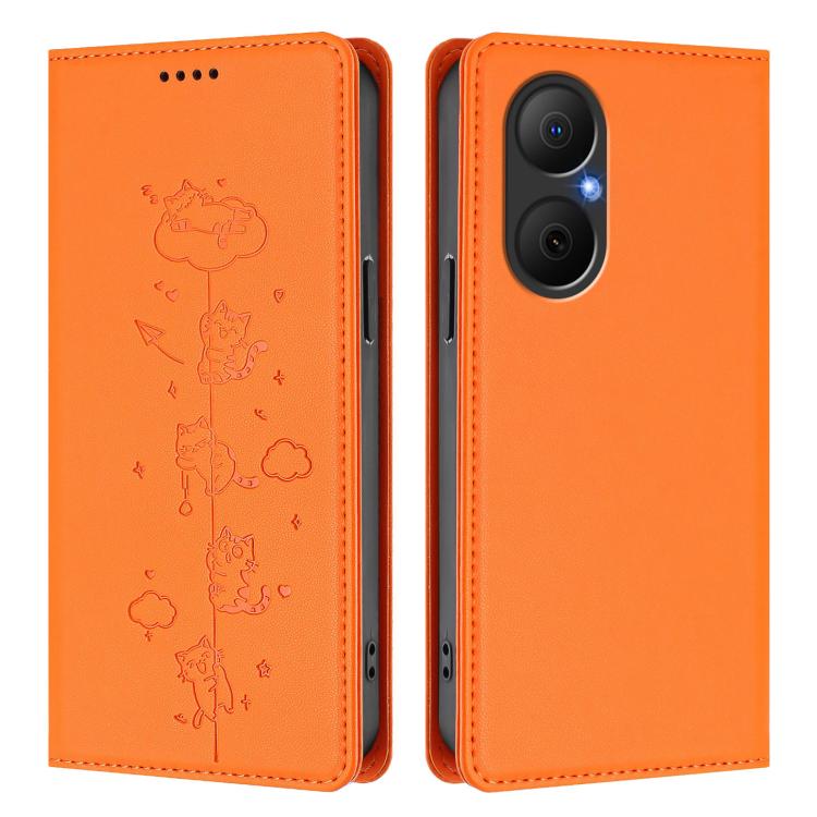 For Huawei Nova Y73 / Enjoy 80 4G Cute Cats Embossed Magnetic RFID Vegan Leather Phone Case