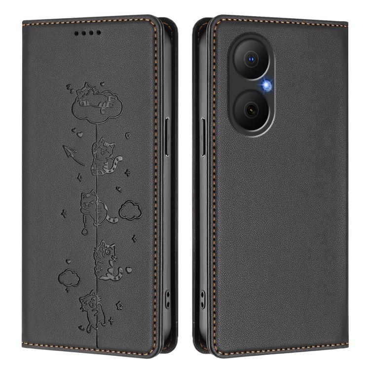 For Huawei Nova Y73 / Enjoy 80 4G Cute Cats Embossed Magnetic RFID Vegan Leather Phone Case