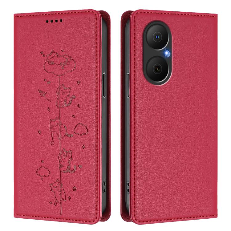 For Huawei Nova Y73 / Enjoy 80 4G Cute Cats Embossed Magnetic RFID Vegan Leather Phone Case