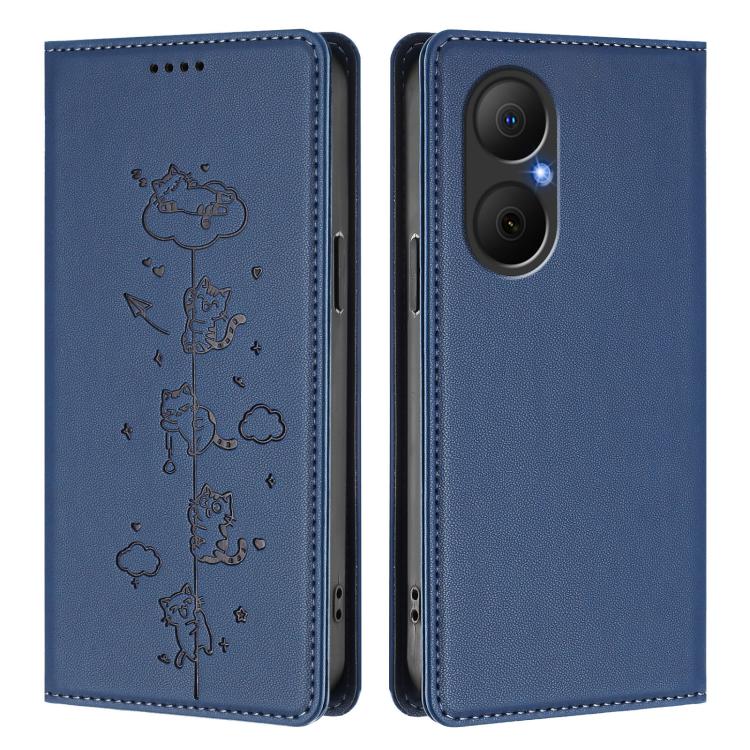 For Huawei Nova Y73 / Enjoy 80 4G Cute Cats Embossed Magnetic RFID Vegan Leather Phone Case