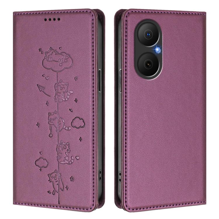 For Huawei Nova Y73 / Enjoy 80 4G Cute Cats Embossed Magnetic RFID Vegan Leather Phone Case
