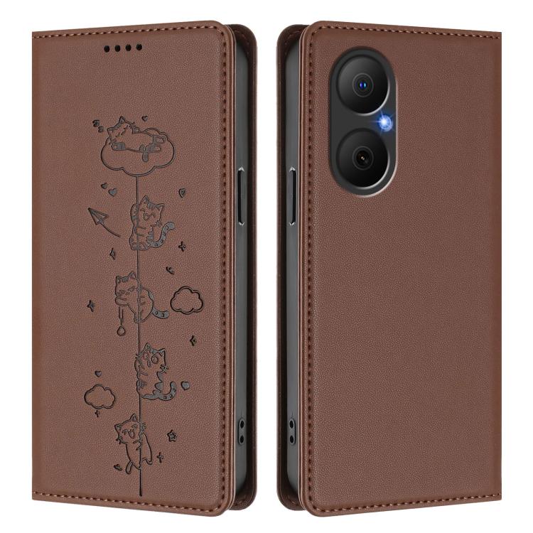 For Huawei Nova Y73 / Enjoy 80 4G Cute Cats Embossed Magnetic RFID Vegan Leather Phone Case