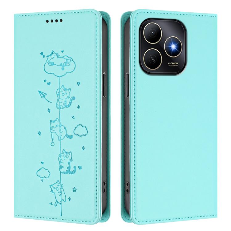 For Huawei Enjoy 80s 4G Cute Cats Embossed Magnetic RFID Vegan Leather Phone Case