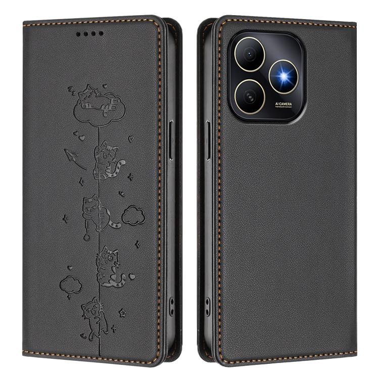 For Huawei Enjoy 80s 4G Cute Cats Embossed Magnetic RFID Vegan Leather Phone Case