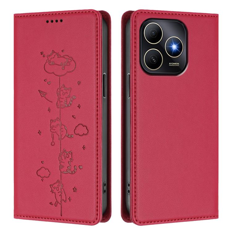For Huawei Enjoy 80s 4G Cute Cats Embossed Magnetic RFID Vegan Leather Phone Case