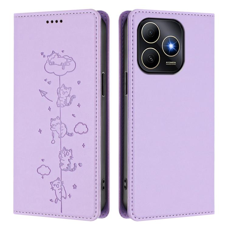 For Huawei Enjoy 80s 4G Cute Cats Embossed Magnetic RFID Vegan Leather Phone Case