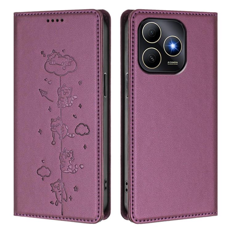 For Huawei Enjoy 80s 4G Cute Cats Embossed Magnetic RFID Vegan Leather Phone Case