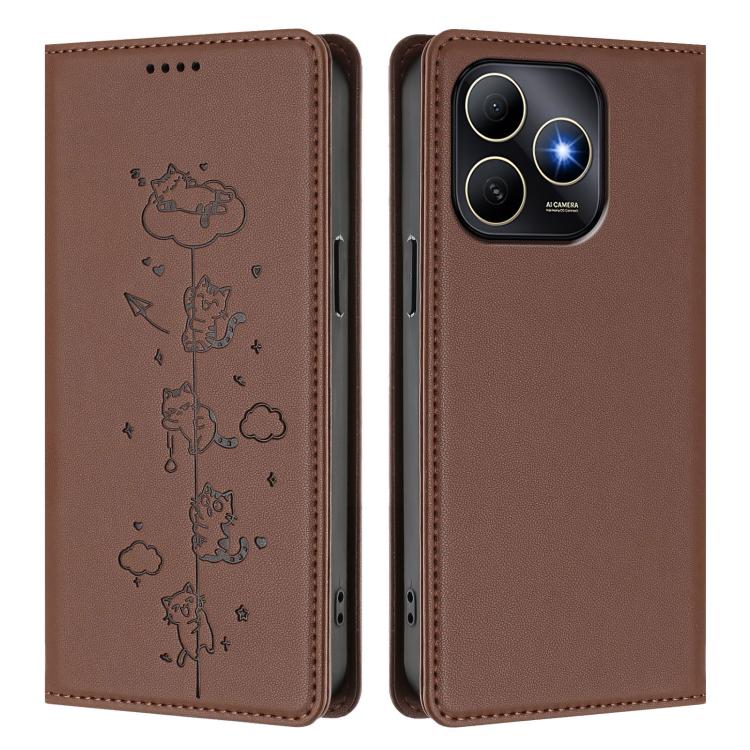 For Huawei Enjoy 80s 4G Cute Cats Embossed Magnetic RFID Vegan Leather Phone Case