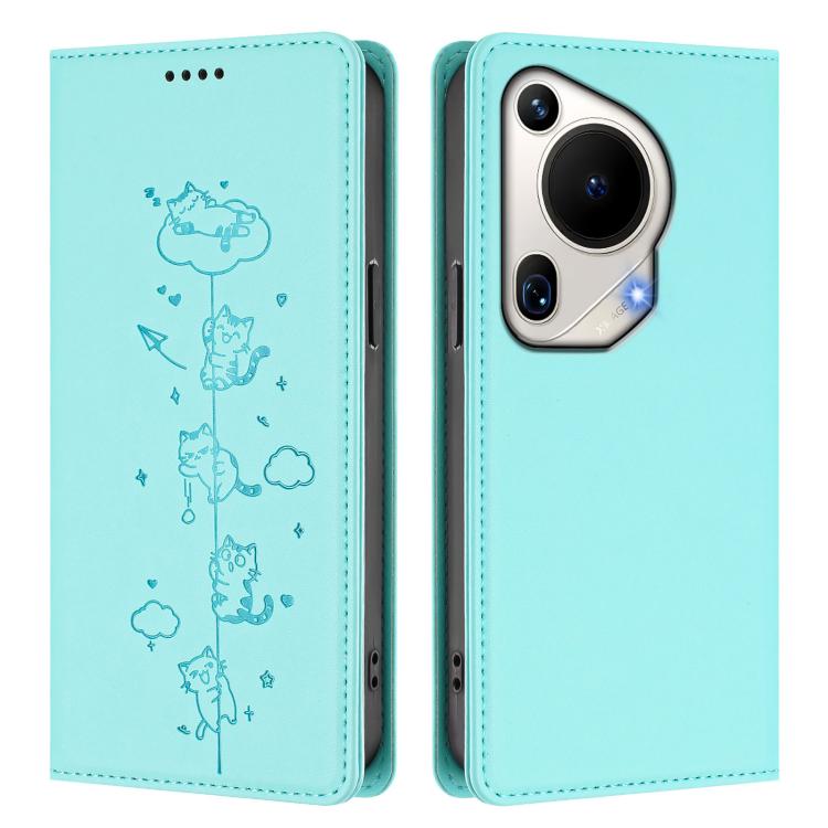 For Huawei Pura 70 Ultra Cute Cats Embossed Magnetic RFID Vegan Leather Phone Case