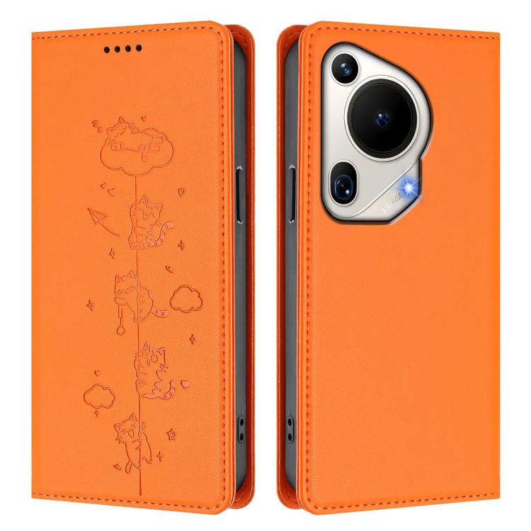 For Huawei Pura 70 Ultra Cute Cats Embossed Magnetic RFID Vegan Leather Phone Case