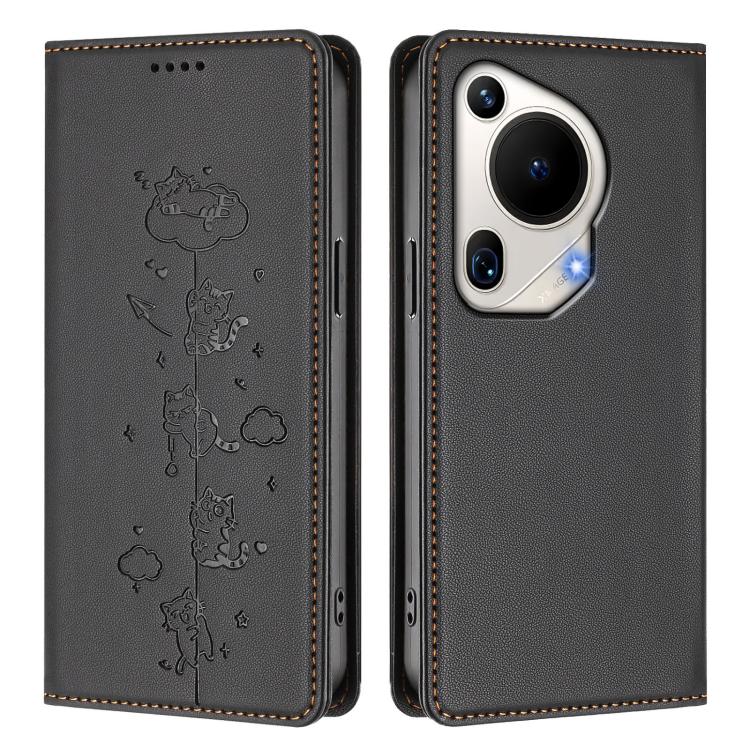 For Huawei Pura 70 Ultra Cute Cats Embossed Magnetic RFID Vegan Leather Phone Case