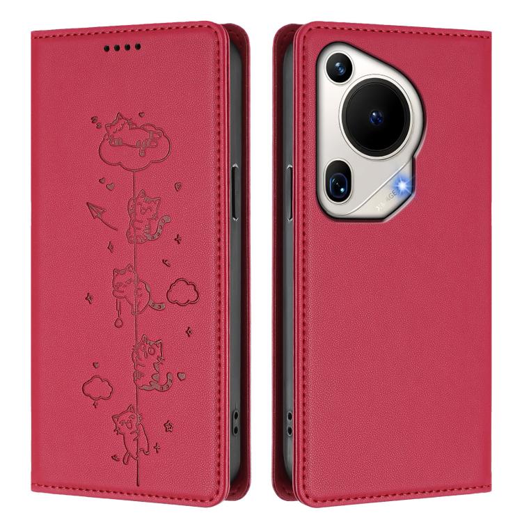 For Huawei Pura 70 Ultra Cute Cats Embossed Magnetic RFID Vegan Leather Phone Case