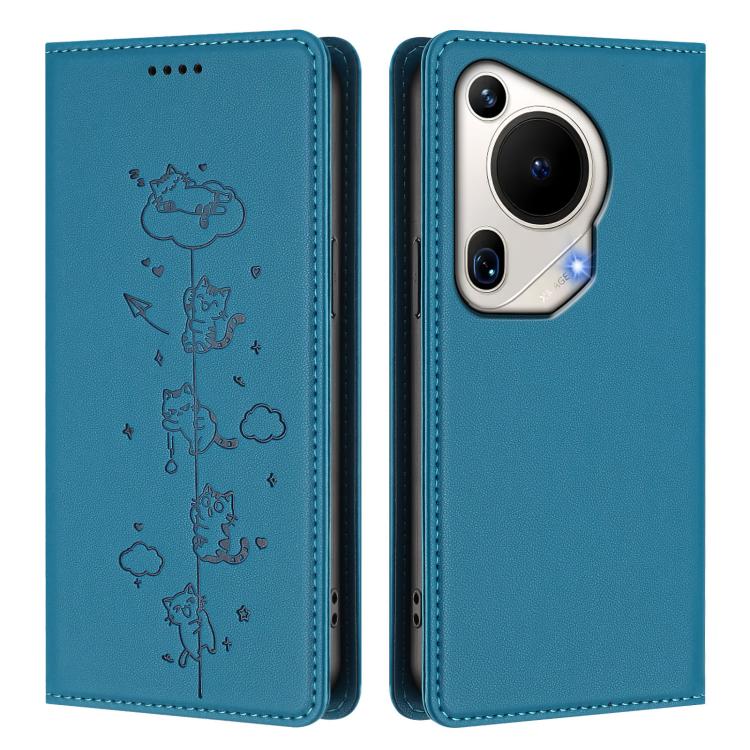 For Huawei Pura 70 Ultra Cute Cats Embossed Magnetic RFID Vegan Leather Phone Case
