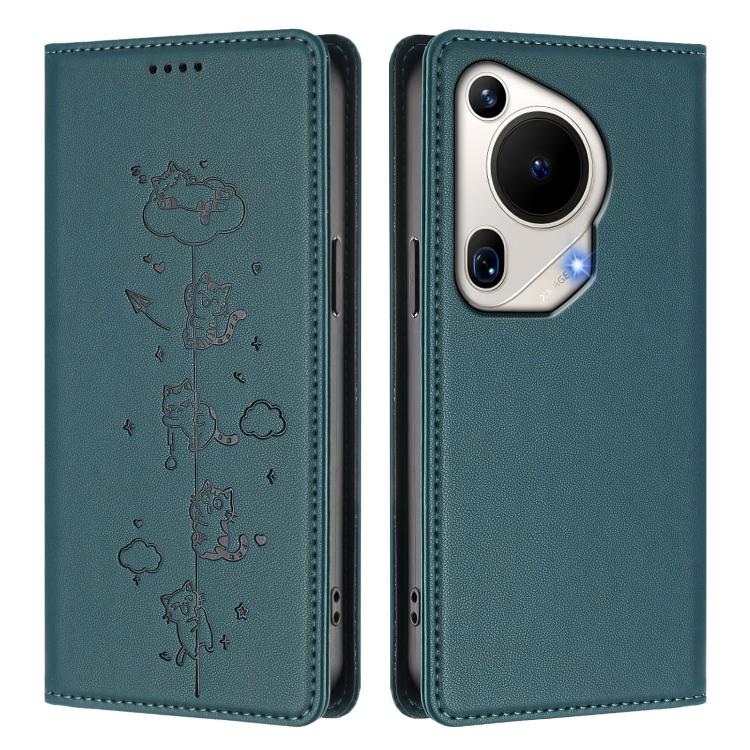 For Huawei Pura 70 Ultra Cute Cats Embossed Magnetic RFID Vegan Leather Phone Case