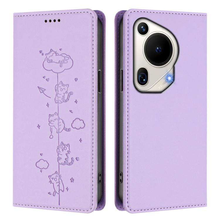 For Huawei Pura 70 Ultra Cute Cats Embossed Magnetic RFID Vegan Leather Phone Case