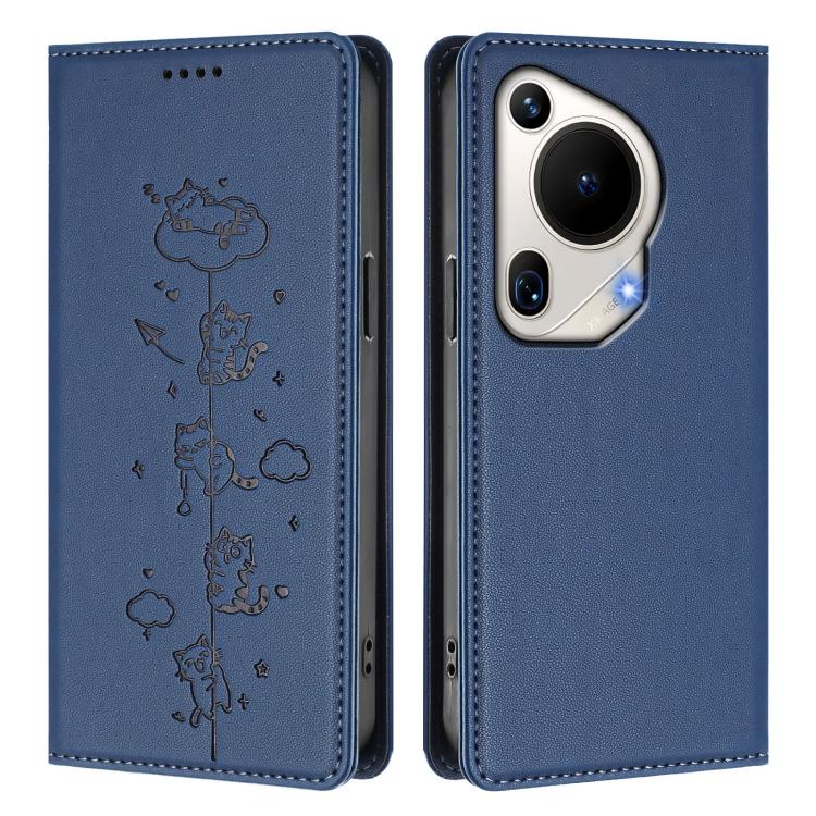 For Huawei Pura 70 Ultra Cute Cats Embossed Magnetic RFID Vegan Leather Phone Case