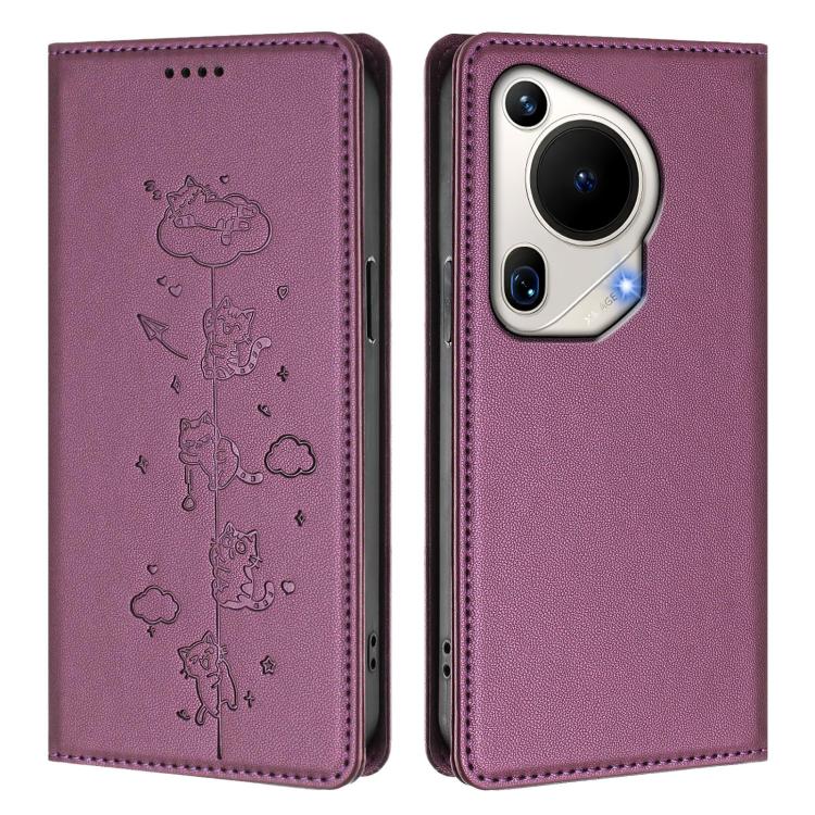 For Huawei Pura 70 Ultra Cute Cats Embossed Magnetic RFID Vegan Leather Phone Case