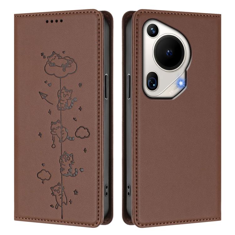 For Huawei Pura 70 Ultra Cute Cats Embossed Magnetic RFID Vegan Leather Phone Case
