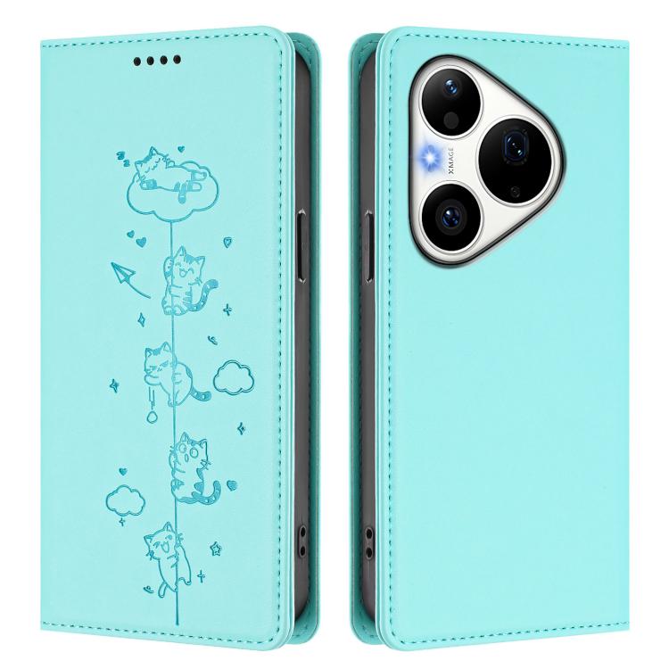 For Huawei Pura 90 Pro 5G Cute Cats Embossed Magnetic RFID Vegan Leather Phone Case
