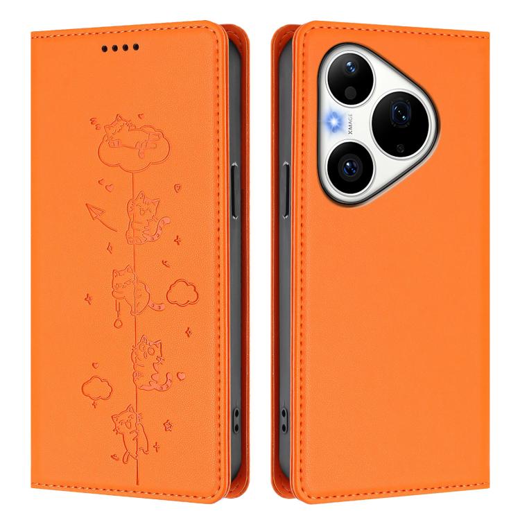 For Huawei Pura 90 Pro 5G Cute Cats Embossed Magnetic RFID Vegan Leather Phone Case