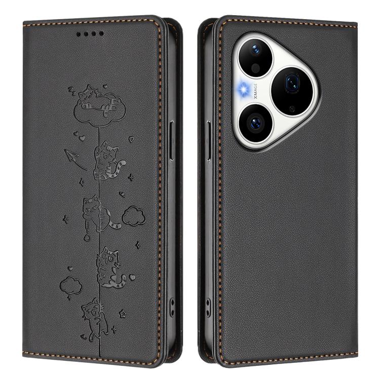 For Huawei Pura 90 Pro 5G Cute Cats Embossed Magnetic RFID Vegan Leather Phone Case
