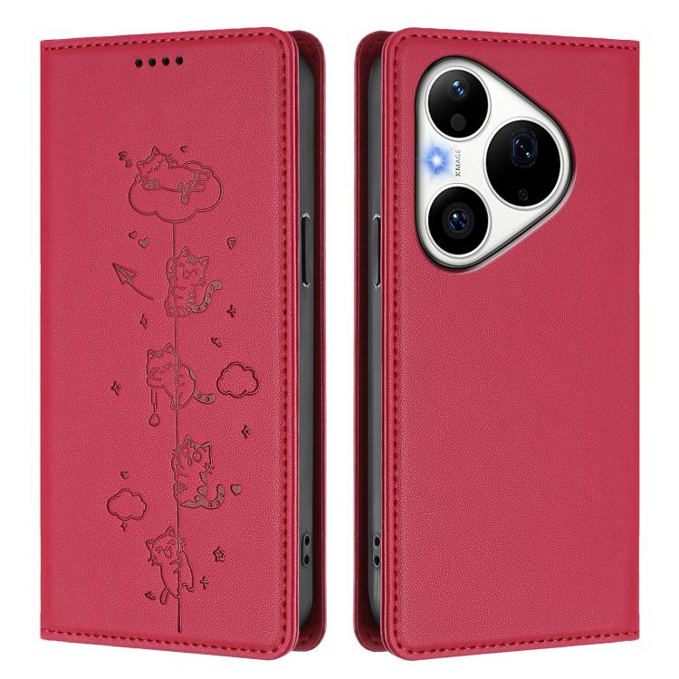 For Huawei Pura 90 Pro 5G Cute Cats Embossed Magnetic RFID Vegan Leather Phone Case