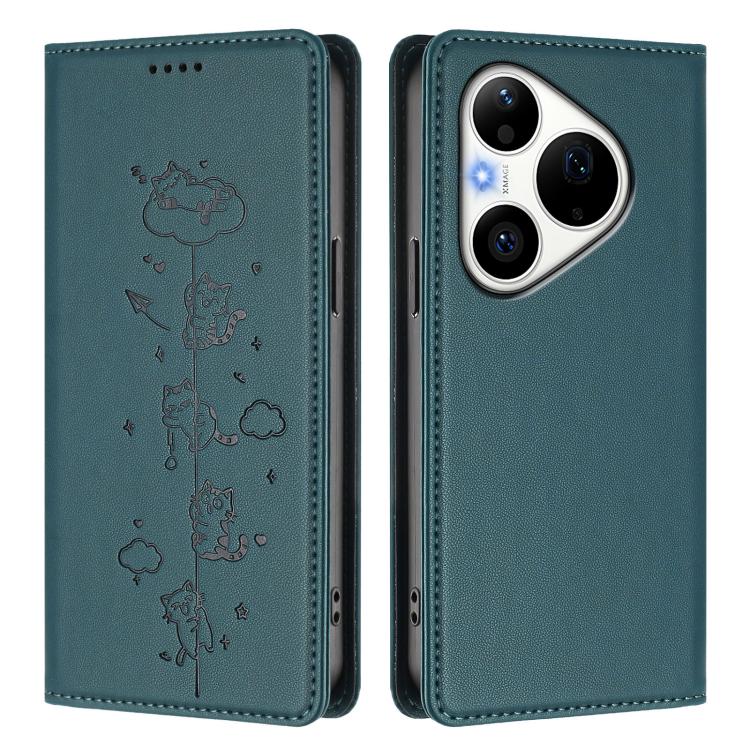 For Huawei Pura 90 Pro 5G Cute Cats Embossed Magnetic RFID Vegan Leather Phone Case