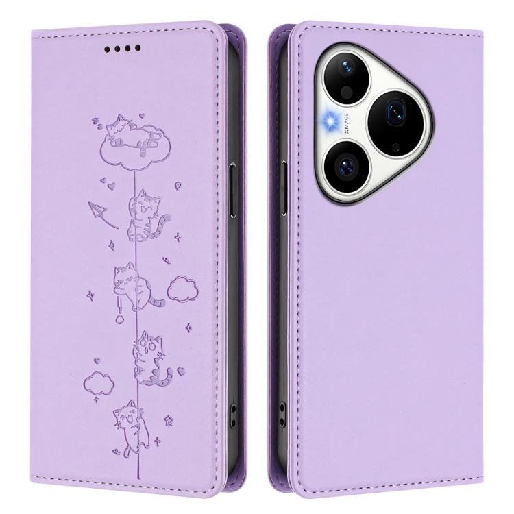 For Huawei Pura 90 Pro 5G Cute Cats Embossed Magnetic RFID Vegan Leather Phone Case