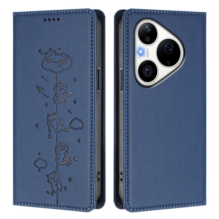 For Huawei Pura 90 Pro 5G Cute Cats Embossed Magnetic RFID Vegan Leather Phone Case