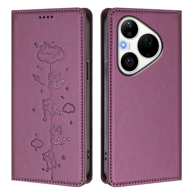 For Huawei Pura 90 Pro 5G Cute Cats Embossed Magnetic RFID Vegan Leather Phone Case