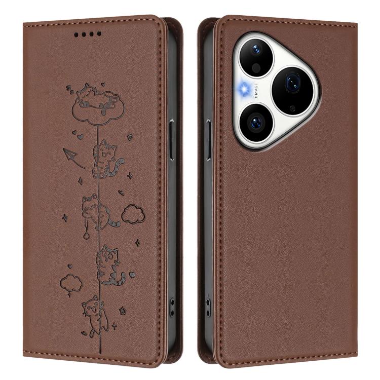 For Huawei Pura 90 Pro 5G Cute Cats Embossed Magnetic RFID Vegan Leather Phone Case