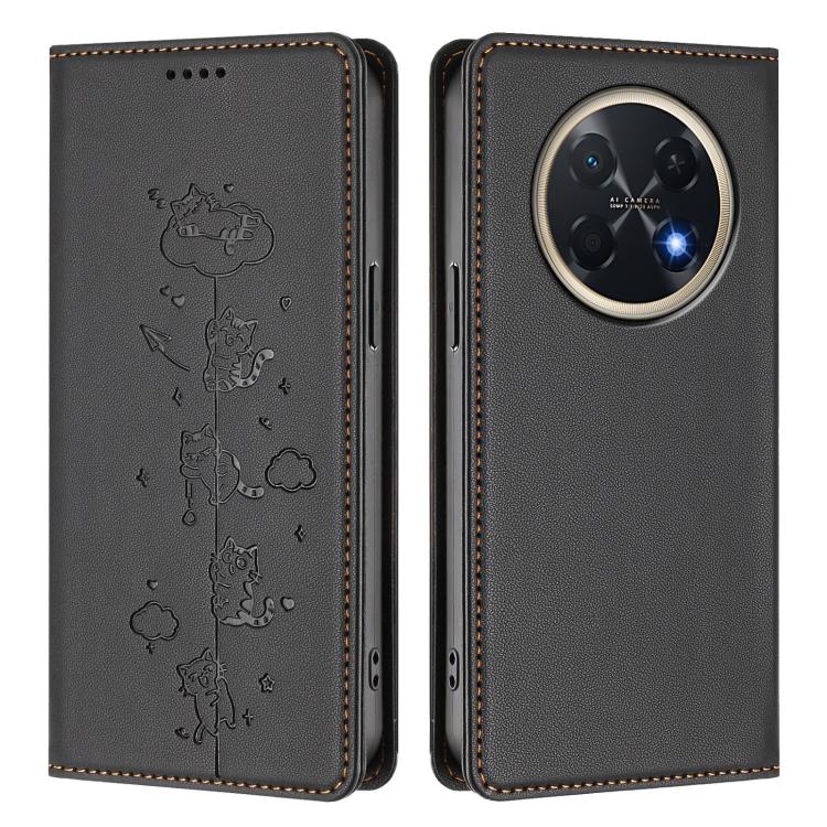 For Huawei Pura 90 Pro Max 5G Cute Cats Embossed Magnetic RFID Vegan Leather Phone Case